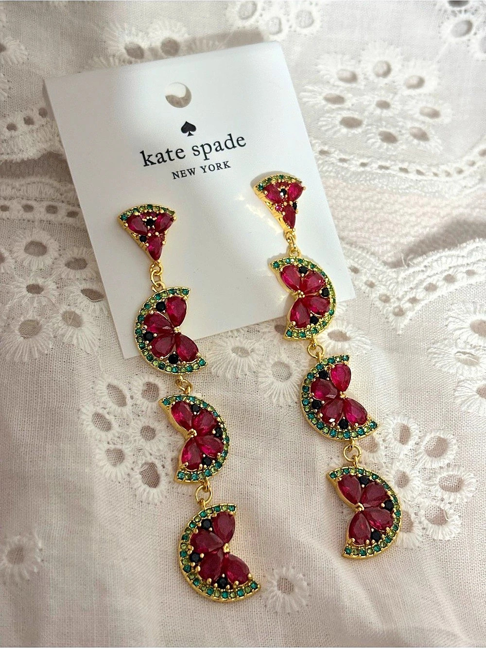 Kate Spade New York Pave Watermelon Linear Drop Earrings Pink & Green Drop